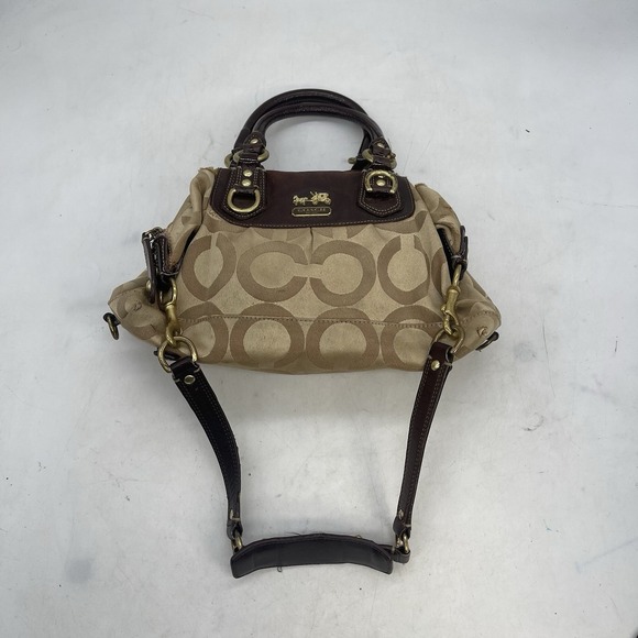Coach Handbags - Coach Ashley Metallic Signature Carryall Logo Womens Brown Tan Leather Canvas
